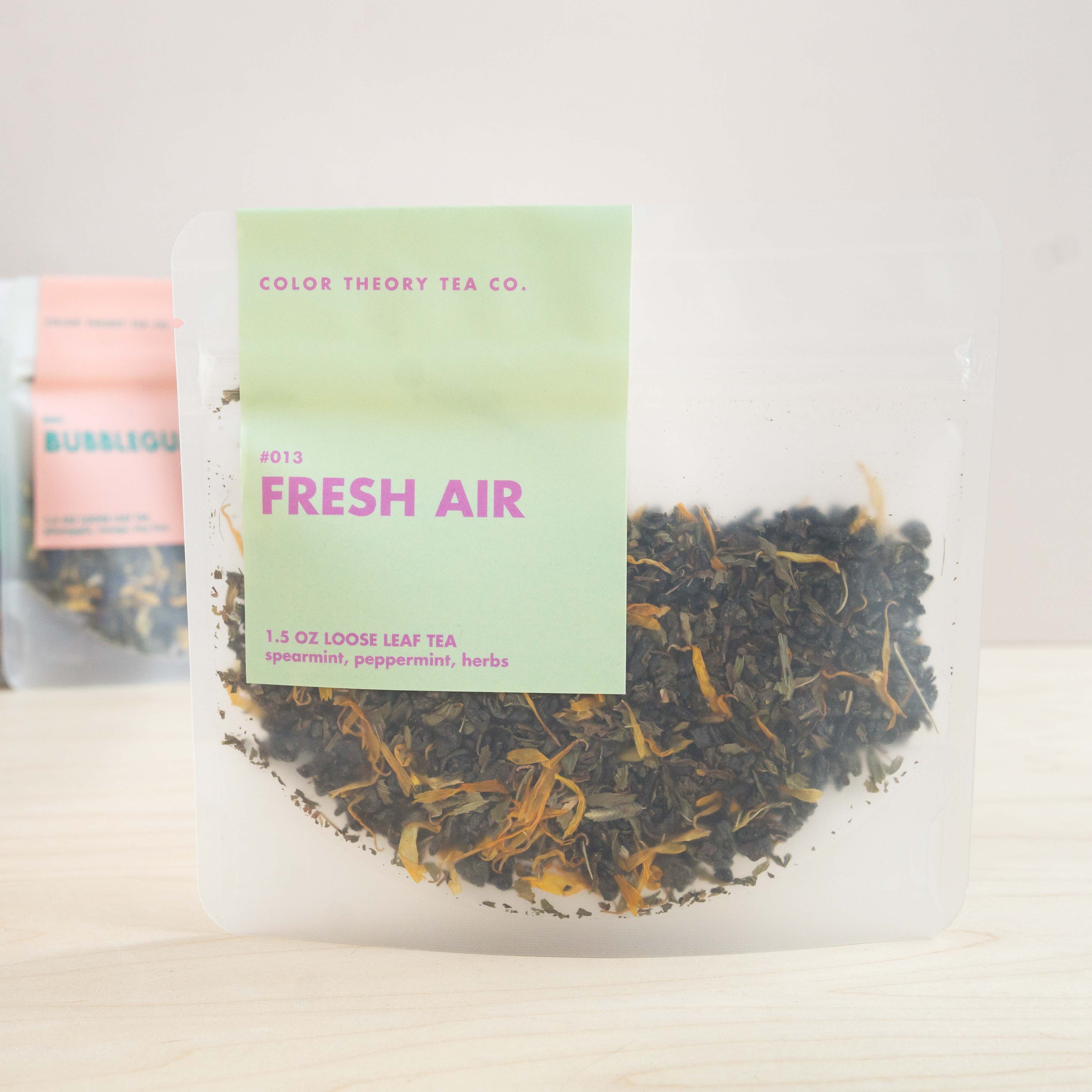 1.5oz bag of loose leaf tea blend called Fresh Air from Color Theory Tea Co.