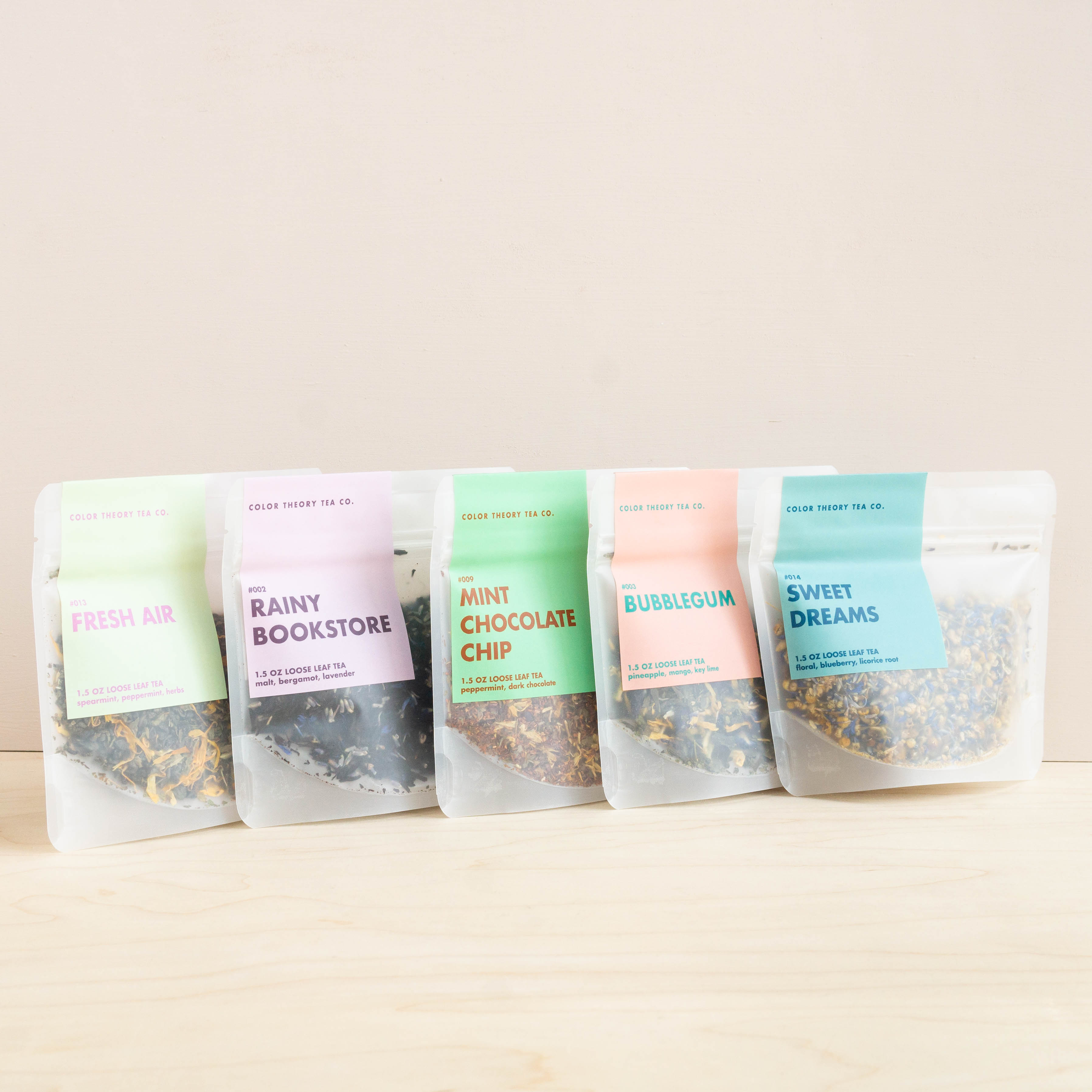 1.5oz bags of loose leaf tea blends from Color Theory Tea Co. in five different flavors.