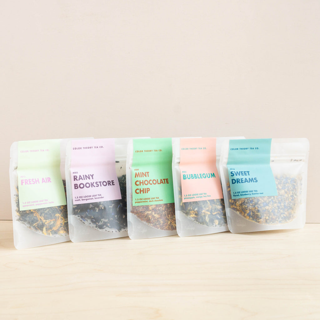 1.5oz bags of loose leaf tea blends from Color Theory Tea Co. in five different flavors.