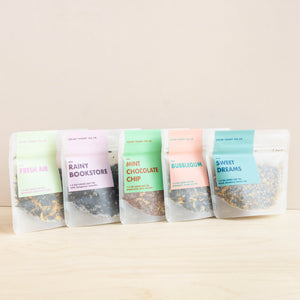 1.5oz bags of loose leaf tea blends from Color Theory Tea Co. in five different flavors.