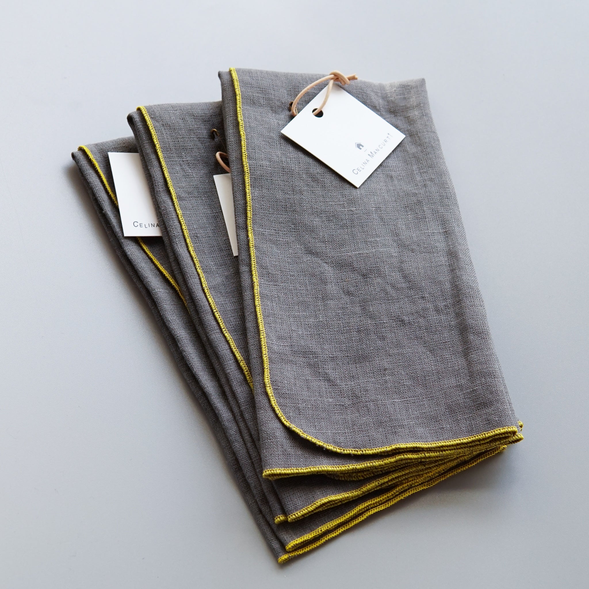 Celina Mancurti: Grey Linen Napkins with Yellow Stitching (18 x 18)